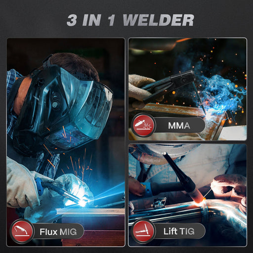 MIG130 flux-core welder in use